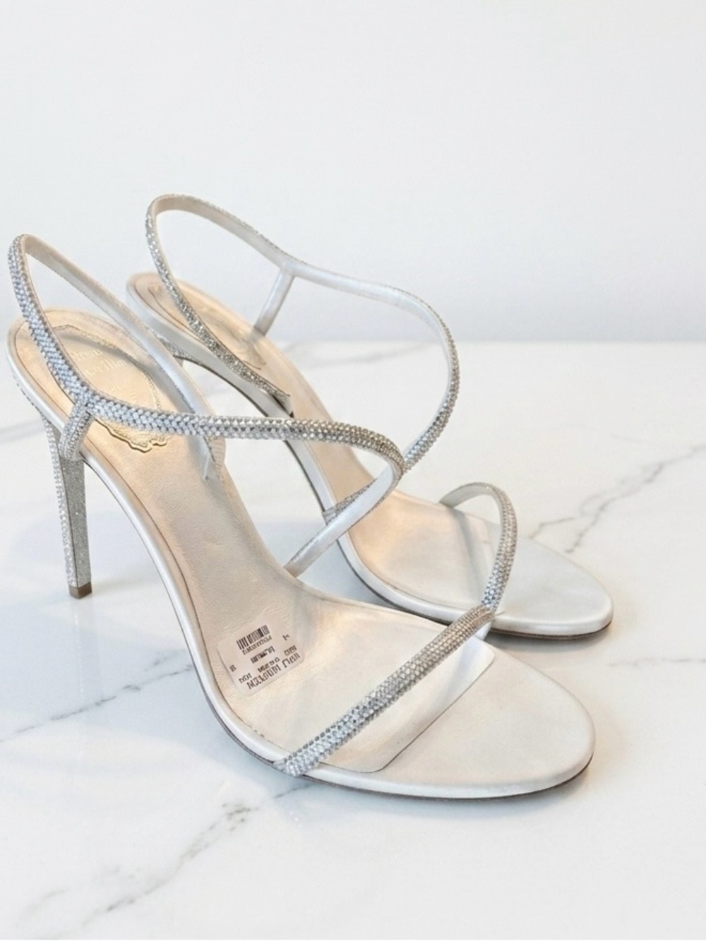 Rene Caovilla White and Silver Strappy Heels